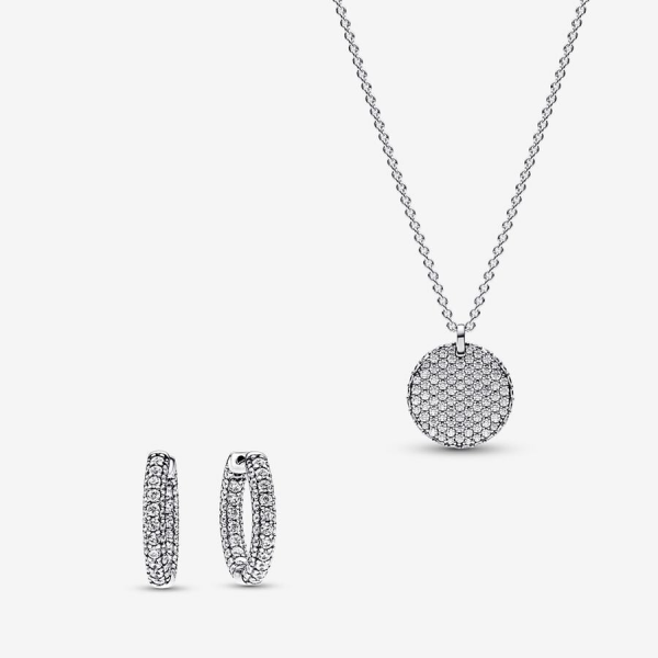 Neat Stamped Pave Single-Row Hoop Earrings&Necklaces Sets