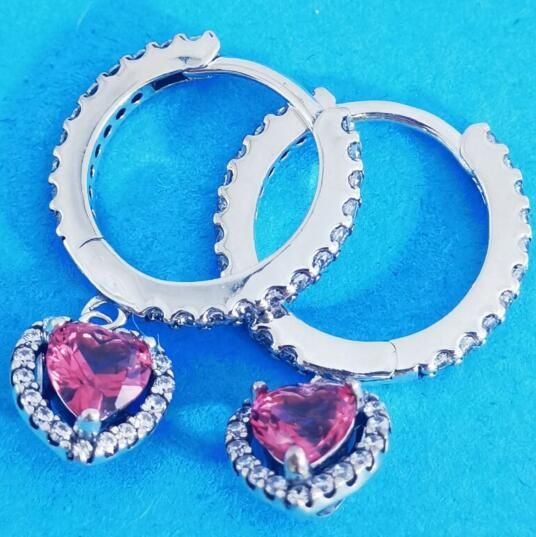 Sparkling Halo Heart  Pink CZ Hoop Earrings
