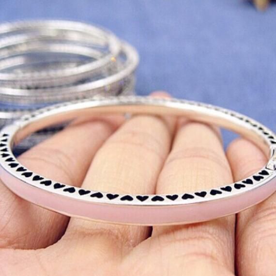 AAA GRADE S925 ALE Pink Enamel&Pave Sterling Silver Bangles