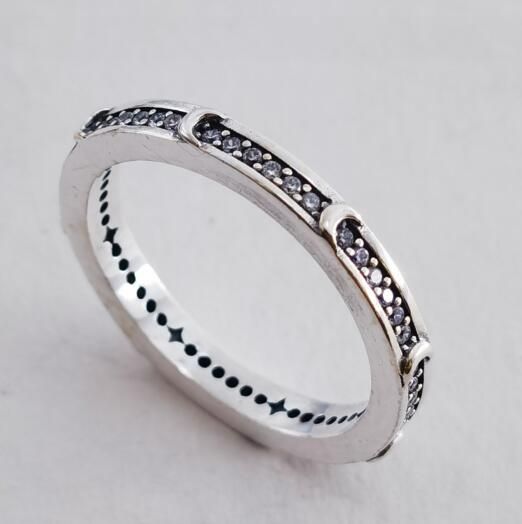 Neat Stamped Moon&Star Pave Clear CZ Ring 